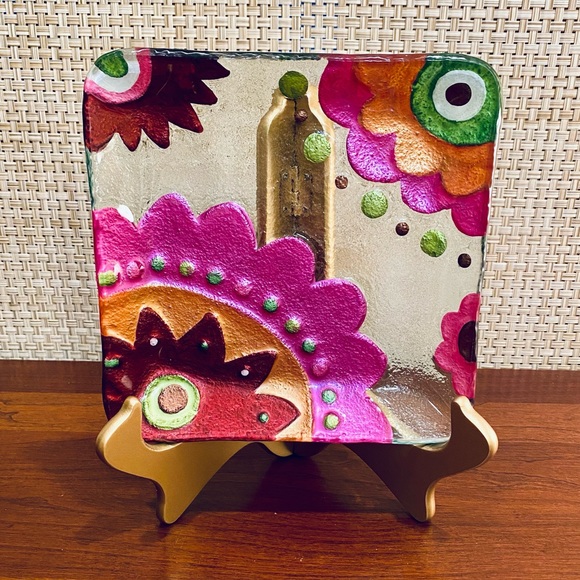 🌟HP🌟VTG 1990s Reverse Painted Fuchsia Floral Glass Dish - Picture 1 of 5